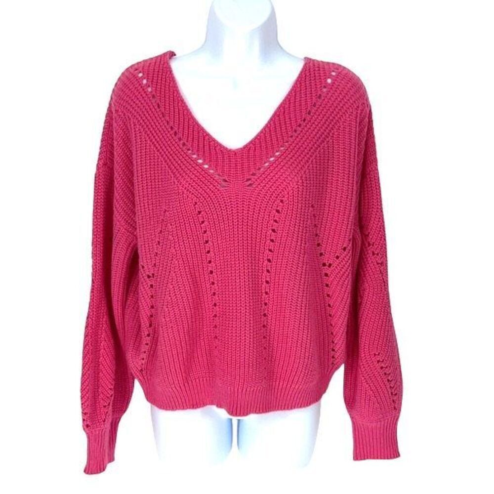 Blue Rain Womens Open Knit V-Neck Dropped Shoulder Sweater Pink Size Medium